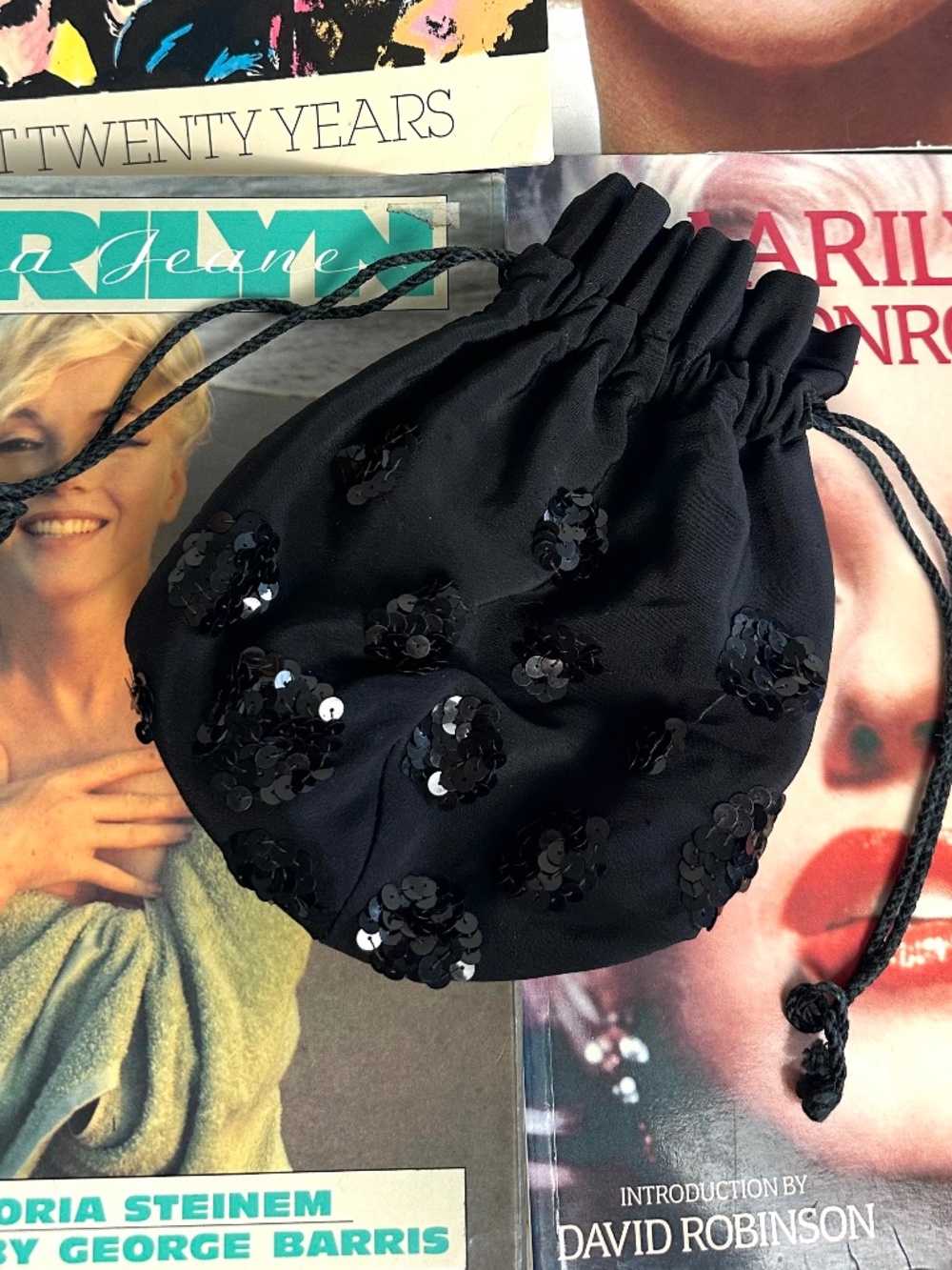 Vintage Black Satin Sequin Drawstring Evening Bag Cocktail Purse